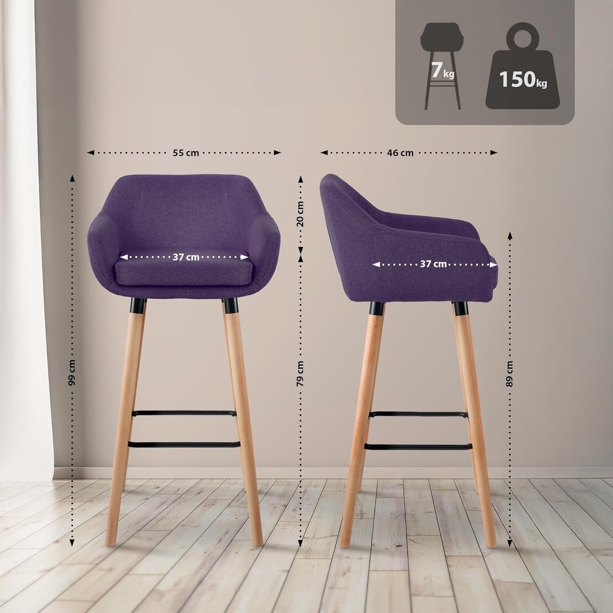 Set van 2 Design Barkrukken met Rugleuning - – 43×35,5×88 cm – Altameubel - Medahomestore