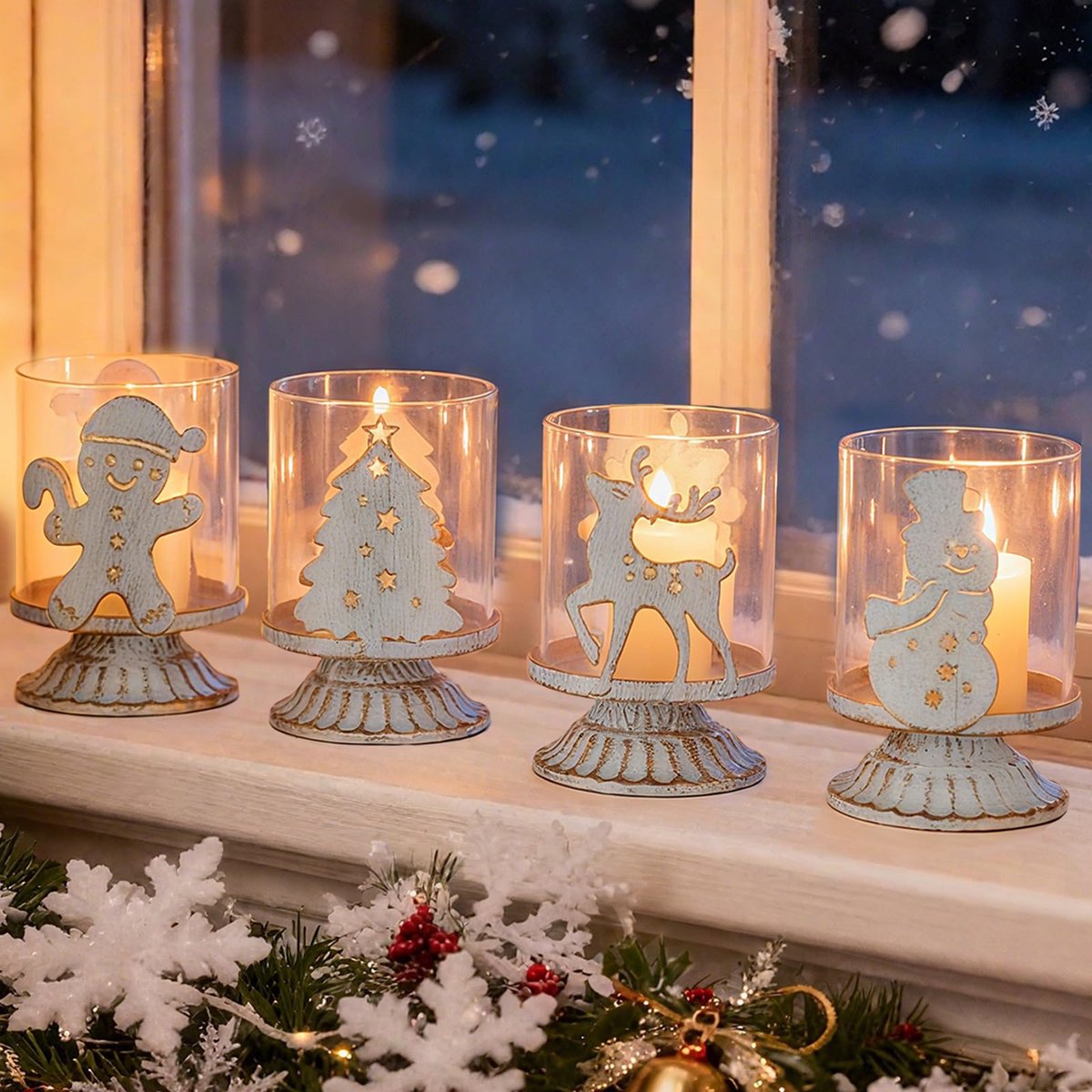 Unyqoos Set van vier decoratieve kersttheelichthouders met vintage uitstraling Wit