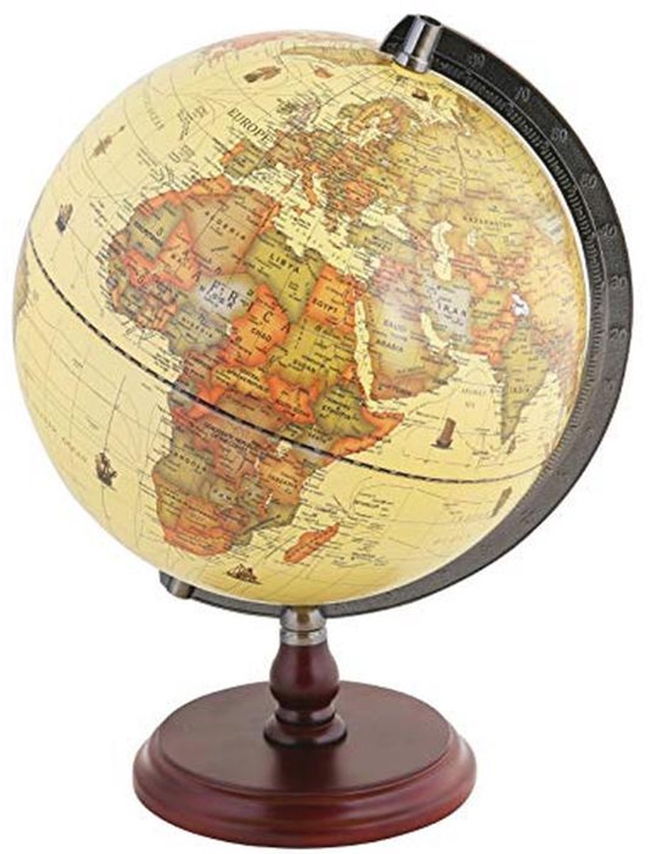 Antiek Wereldbol met Houten Stand - 25 cm Diameter Rotondeerbare Globe