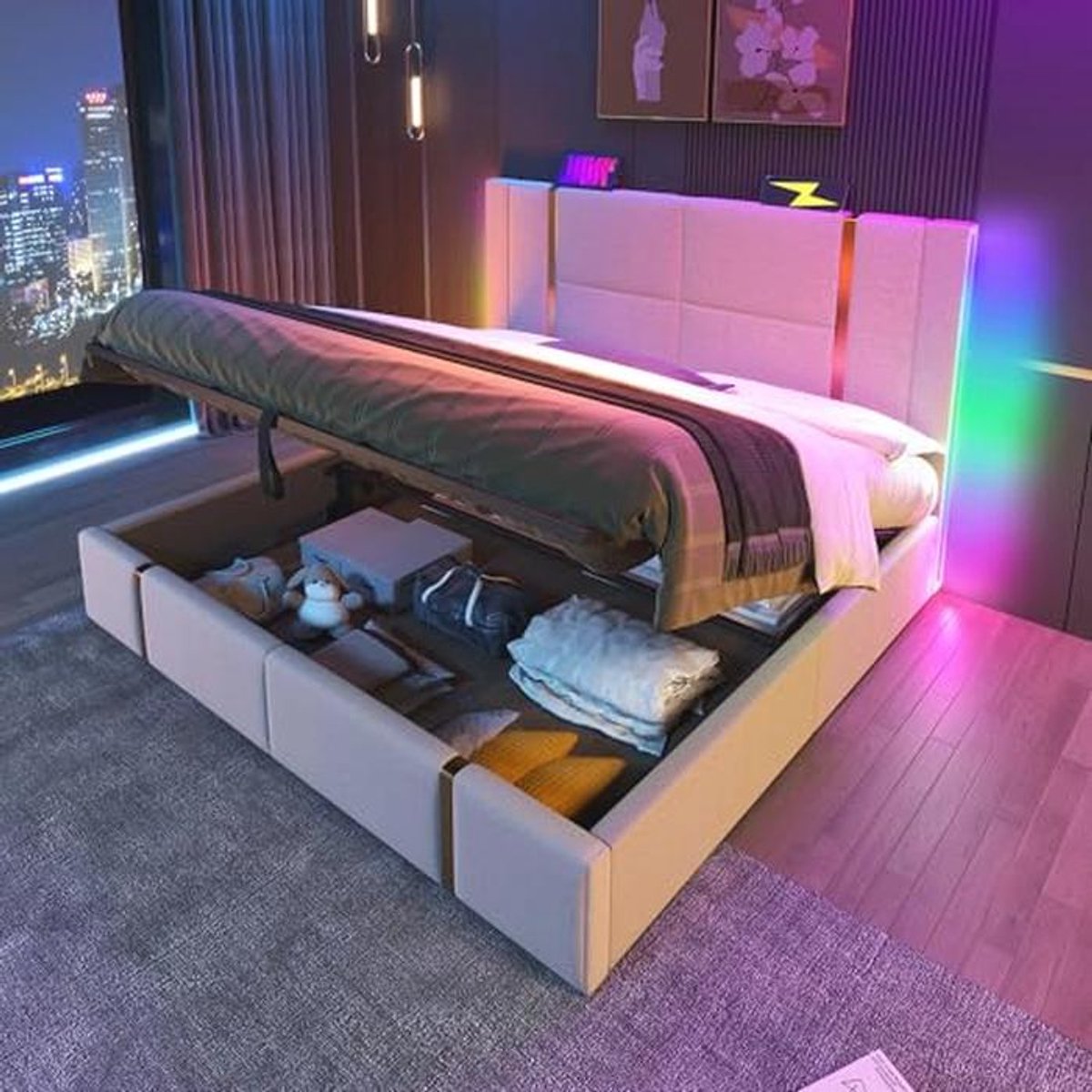 Gecapitonneerd bed met USB type C oplader en opbergruimte, 160 x 200 cm, beige linnen