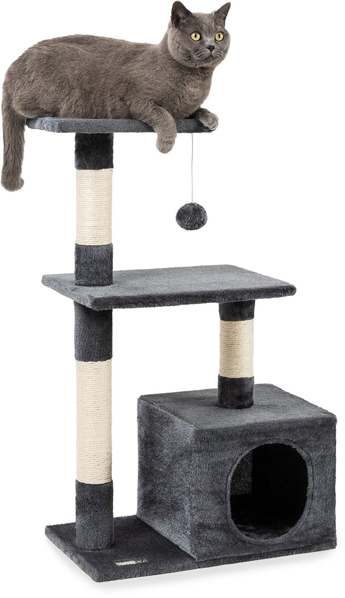 Grijze Dibea krabpaal met nestje en zitplateau en balletje voor katten Arbre à chat