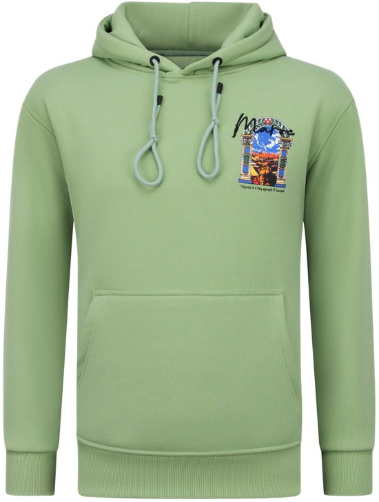 Lichtgroene hoodie met een kleine grafische print op de borst van een stad en de tekst 'Maroc'.