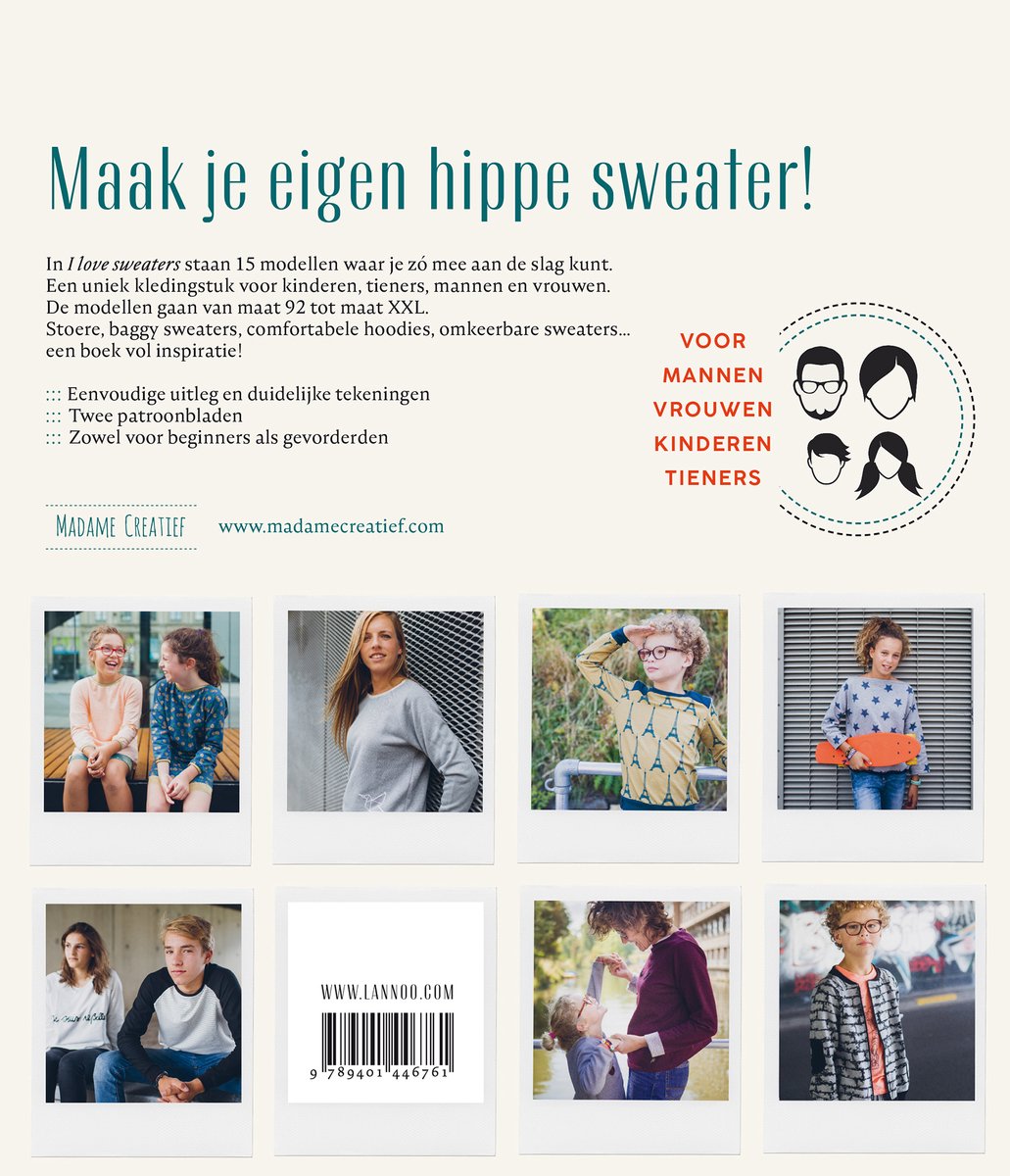 Twee meisjes in roze en witte truien. Een vrouw in grijze trui. Een jongen met gele trui en bril. Een meisje met blauwe trui en sterren. Een meisje in oranje trui. Een jongen met grijze coltrui. Twee moeders en kinderen. Een jongen met gestreepte jas.