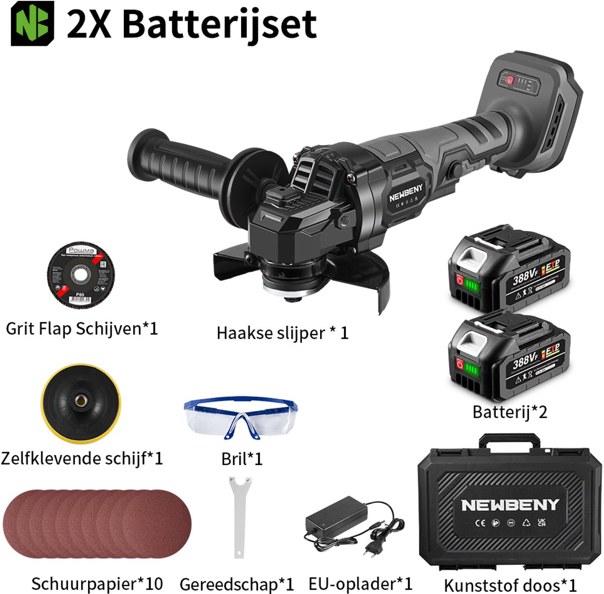 NewBeny Accu Haakse Slijper 125 mm - Borstelloze Slijpmachine - met 2 x 3000 mAh accu - 600W Polijstmachine - 3 versnellingen - voor scheiden, slijpen, polijsten – foto 6
