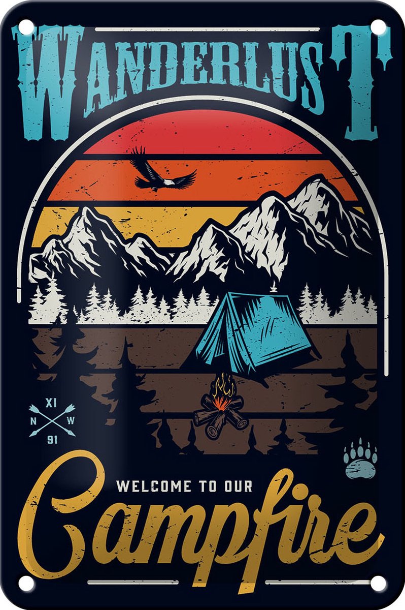 Blechschild Camping 12x18cm Wanderlust Campfire Outdoor