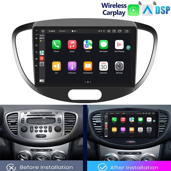 Autoradio - 9 inch Android 132+32G - Ondersteunt CarPlay en Android - Compatibel met Hyundai i10-modellen van 2007-2013 | GPS Bluetooth FM/RDS WiFi SWC split-screen + AHD-camera microfoon retrofit kit