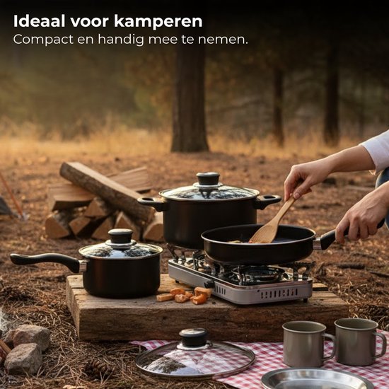 Lomera Camping Pannenset - Koken Tijdens Kamperen - Anti-Aanbaklaag - Geschikt voor Gas - 4-Delige Pannenset - Braadpan en Koekenpan - Koolstofstaal Materiaal - Kampeer Kookset - Set Camping Pan - Camping Kookgerei — afbeelding 4