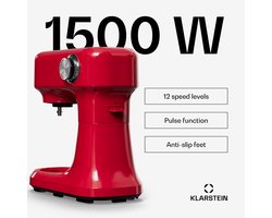 Klarstein Keukenmachine Bella Evo 1500W keukenrobot – 5L roestvrijstalen kom, 12 snelheden, planetaire mixfunctie, pulsefunctie, deeghaak, klopper & garde, keukenrobot voor bakken, rood - voor Keuken - Knetmaschine - Rührmaschine