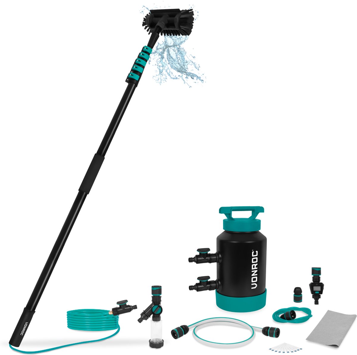 VONROC Hybride Telescopische Wasborstel - 7,50m en Waterontharder - Complete Set