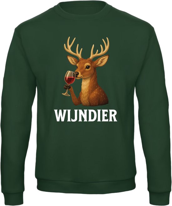 Wijndier Kersttrui - Dames Heren - Unisex - Kerst Cadeau - Wijn - Grappig - Foute Kersttrui - Donkergroen - Maat L