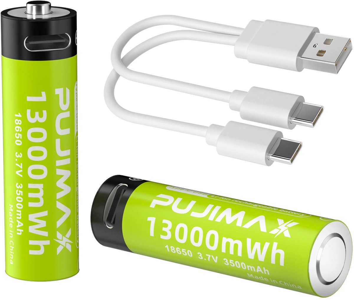 PUJIMAX 18650 Oplaadbare Li-Ion Batterij 13000mWh/3500mAh met 2in1 USB Type-C Kabel (2stuks)
