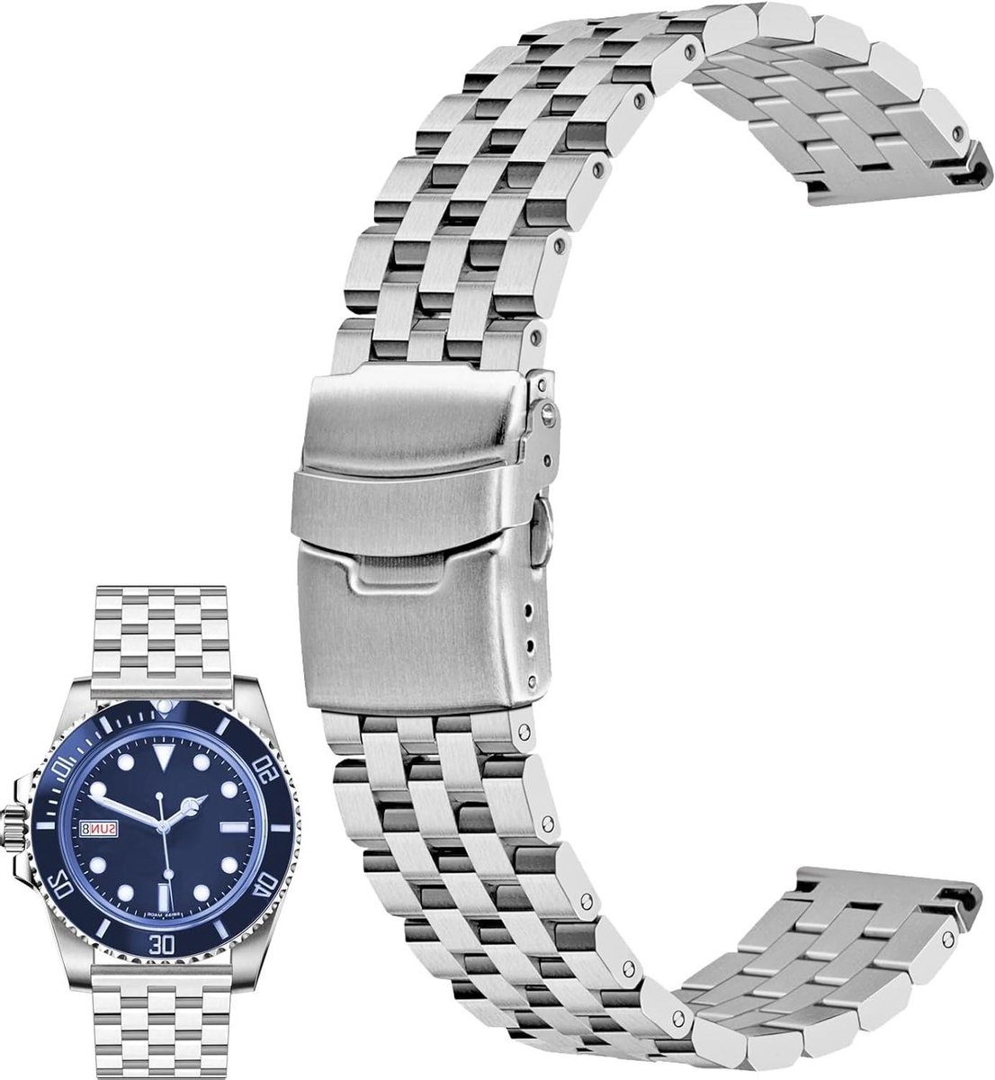 Nordivar - Roestvrijstalen Horlogeband 18mm 20mm 22mm 24mm - Metalen Horlogevervangingsband met Vijf Rijen - Inzetsluiting - Heren Dames - Zwart Zilver