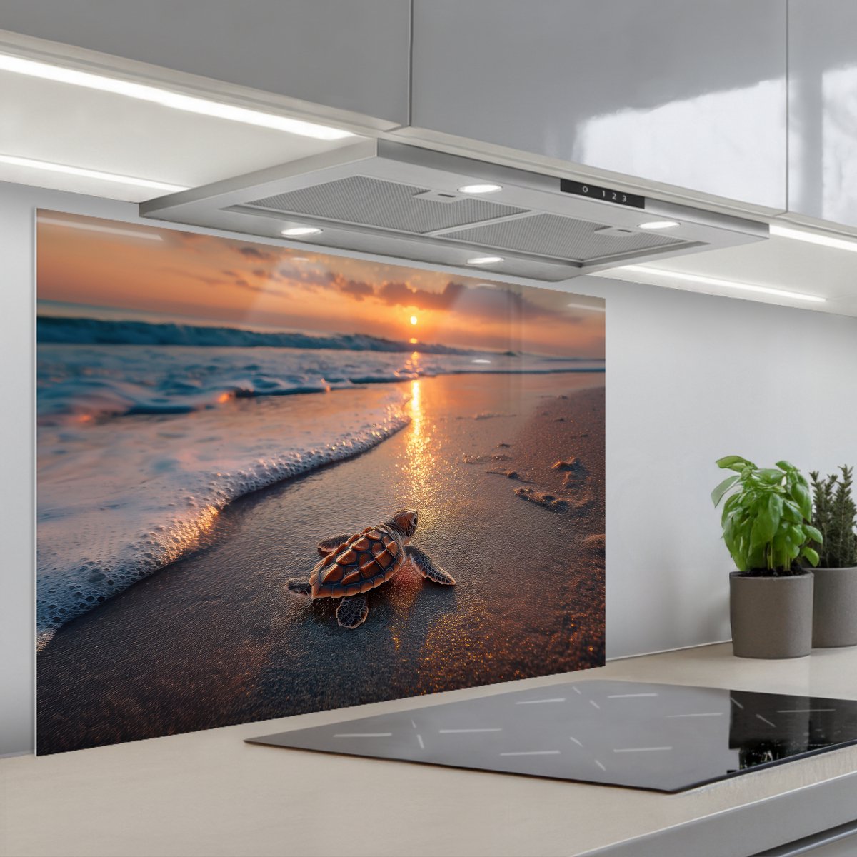 KitchenYeah Spatscherm 90x60 cm Zelfklevende achterwand Schildpad strand Zonsondergang Keuken muurbeschermer Spatwand fornuis