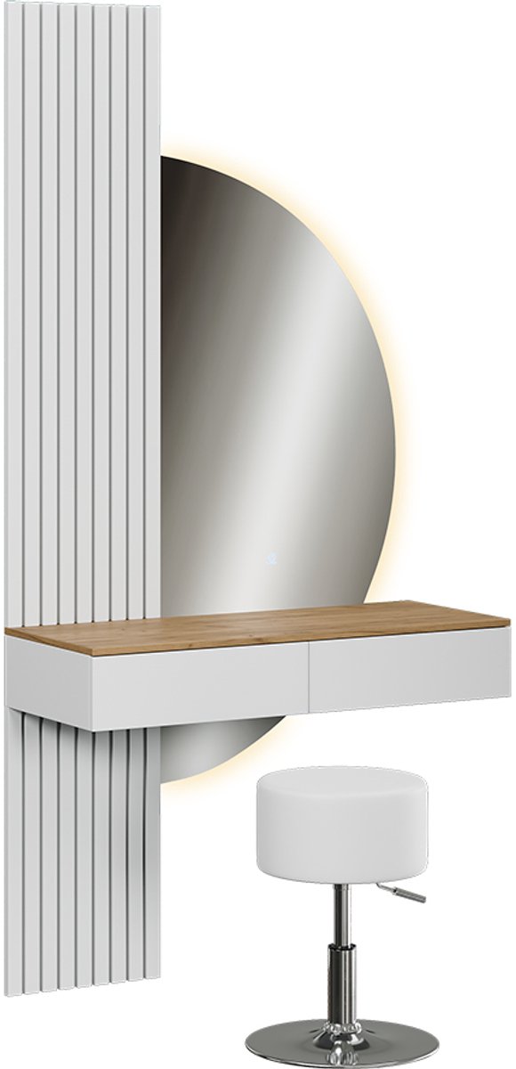 Vicco Kaptafel set met kruk Melina, Wit/Eiken, 100 cm met LED-spiegel en kruk