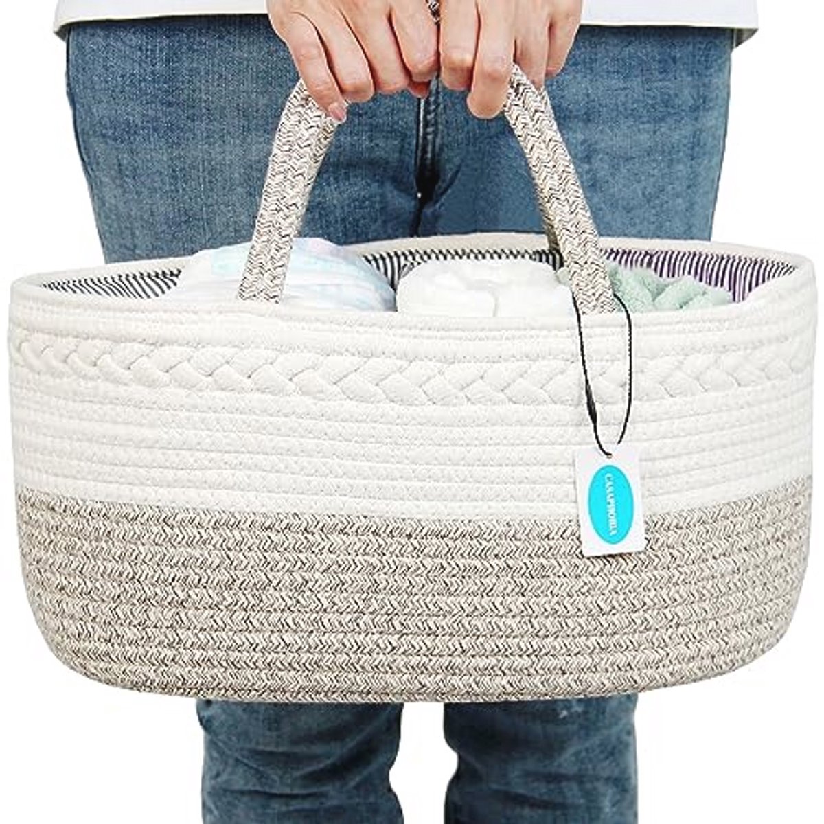 Geweven katoenen touw opslag Caddy - Zachte ronde mand met handvat - Lichtbruin - 15,5 x 10 x 7,5 inch