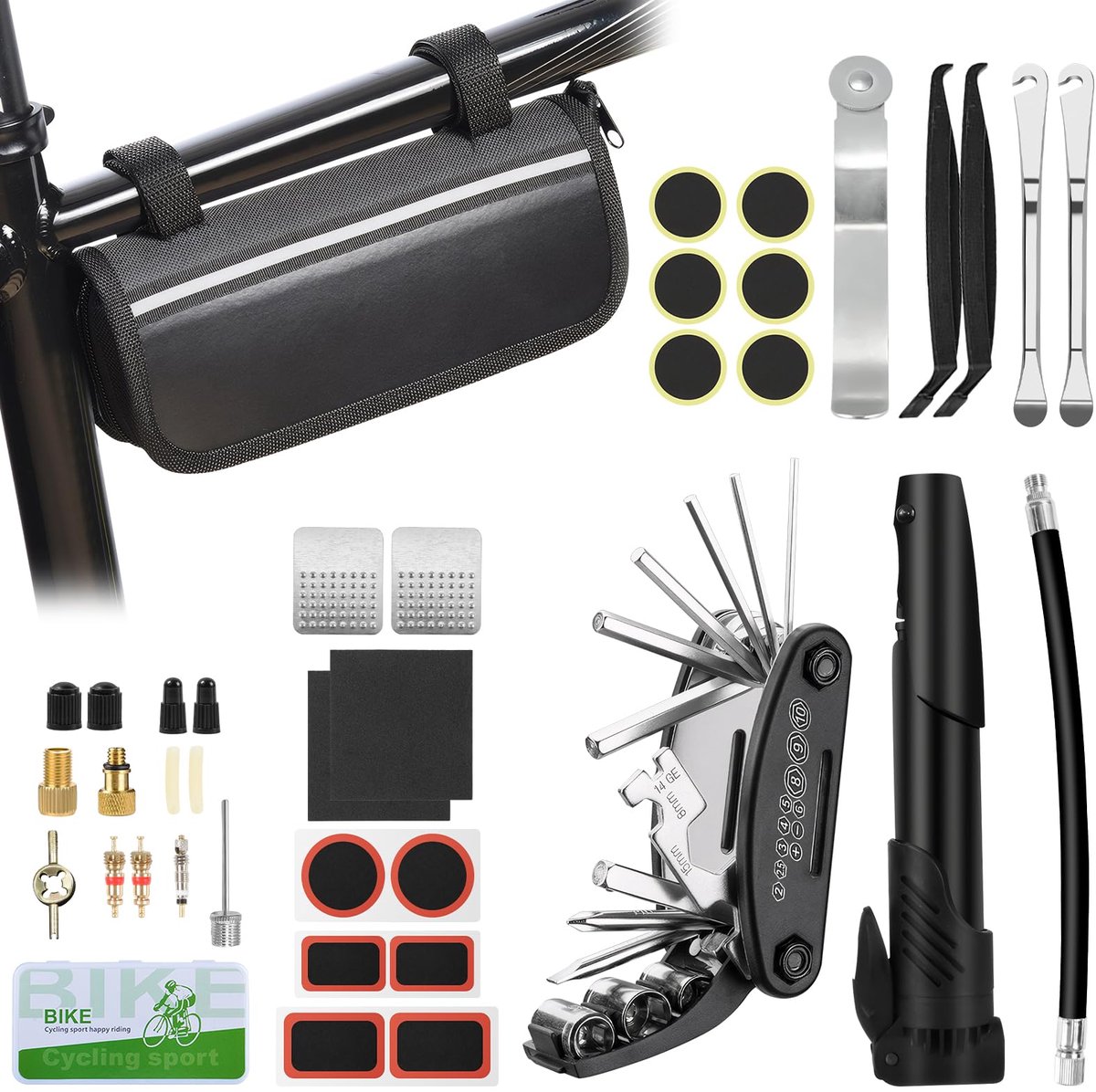 Namajunas - Fiets reparatieset - 16-in-1 Fiets Multitool Fietsgereedschap - 38 stuks fietspannenset - Fietspomp en alles wat je nodig hebt - Tas met Reisessentials voor Mountainbike en Racefiets Camping - Fietstassen
