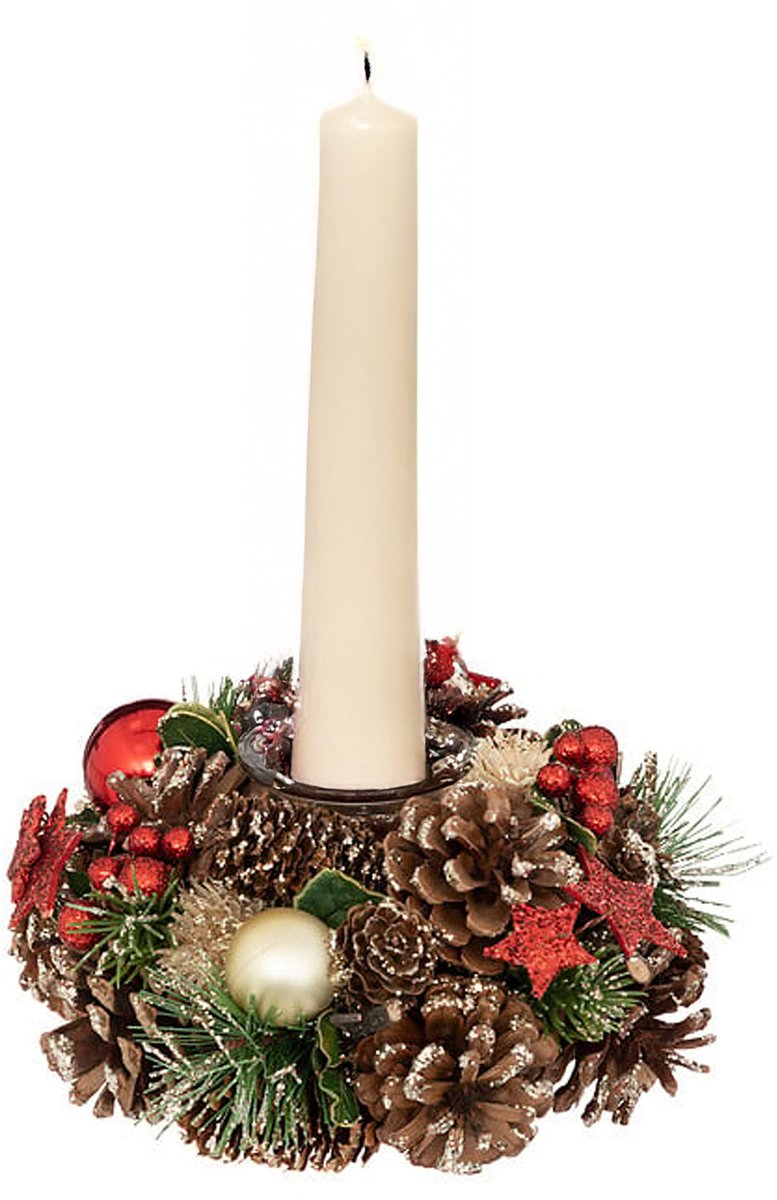 Feeric Christmas Kerststukje met kaarsenhouder - krans - rood tinten - natuur - 19 cm - tafeldecoratie - tafelornament – foto 3