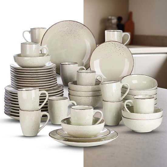 Service de table de Luxe – 48 pièces – 12 personnes – Céramique – Service d’assiettes – Assiettes plates – Assiettes à dessert – Mugs – Bols – Beige