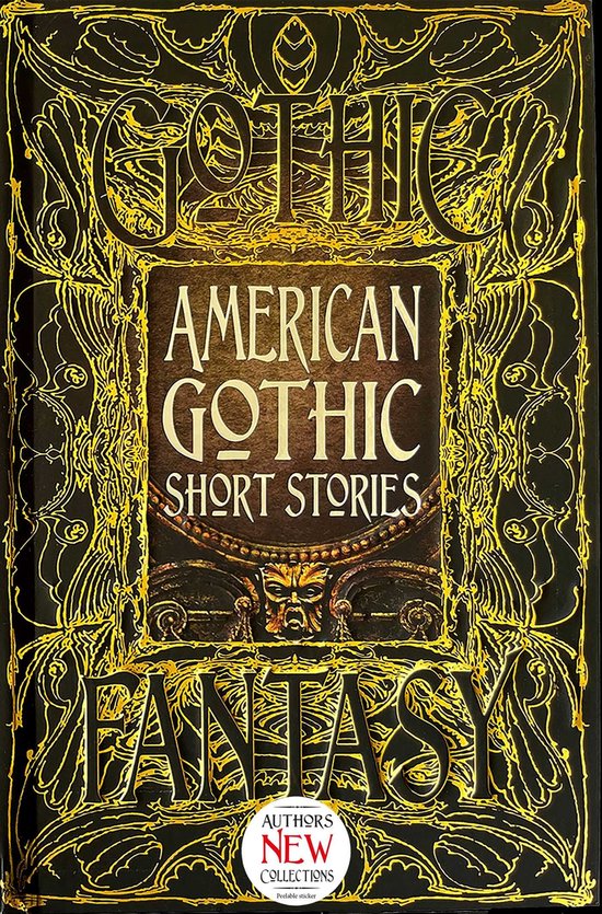 Boekomslag 'American Gothic Short Stories' met gouden, fantasierijke versieringen en een afbeelding van een masker.