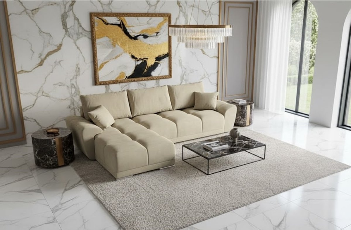 Hoekbank Slaapbank met Opbergruimte L-Vorm 289x189 cm – Luxe Fluwelen Uittrekbare Hoekbank met Bedfunctie & Kussens – Crème Beige – Novihome