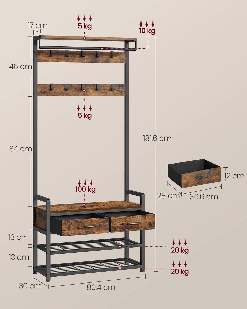Jessi Store - Kapstok staand - Wandkapstok - Kapstokken - Met Schoenenrek - 2 lades - Kledingrek - Bovenplank - 30x80,4x181,6cm – foto 5