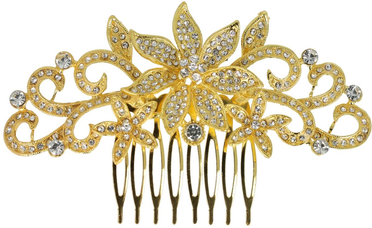Haarsoires Haarspeld Sierkam Opsteekkam 11cm - Bloemvorm - Strass Steentjes - Metaal - Goud - Haarversierkam - Haar Versiering