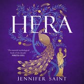 Boekhoes met gouden pauw, gouden takken en een gouden beeld van een vrouw met een fakkel, op een paarse achtergrond. Titel: HERA JENNIFER SAINT.