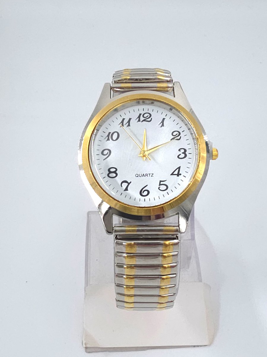 Horloge - Rekband - Heren - Klassiek - Ø 37mm - Ø 20 cm - zilverkleur met Goude randje - Witte duidelijke wijzerplaat - past bijna elke pols.