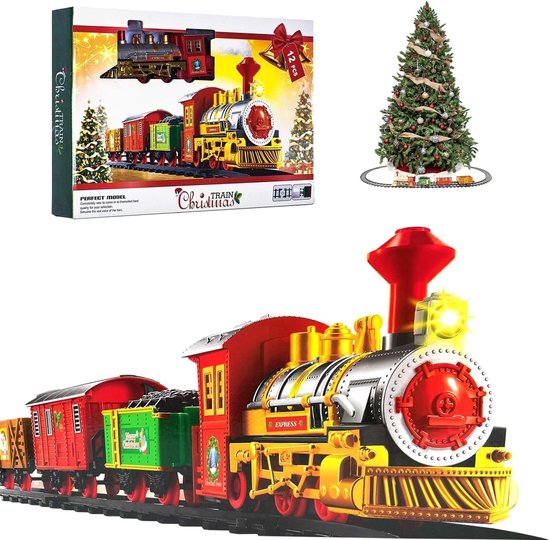 Kersttrein set, kerstboom trein met licht en geluid, klassiek kersttrein-set, elektrische kerstboom trein speelgoed cadeau voor kinderen vanaf 6 7 8 9 10 jaar voor onder de boom