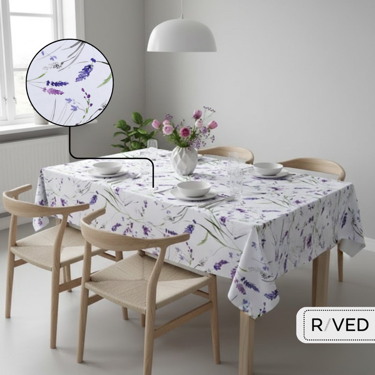 Raved Tafelzeil - 140 cm x 180 cm – Lavendel Bloemen Wit – PVC – Afwasbaar