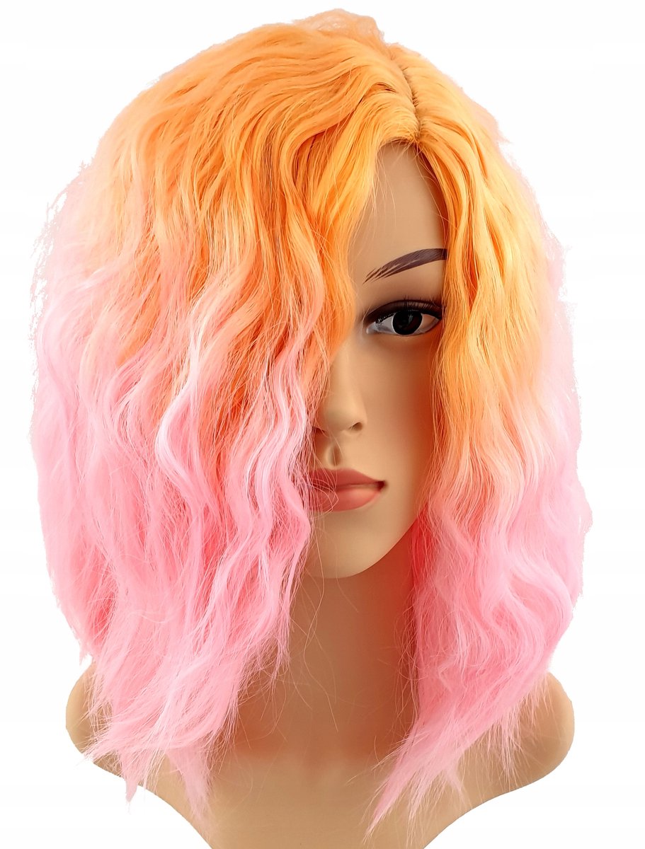 Ombre cosplaypruik Bob Glam Rock Pomarańcz-Róż 40cm