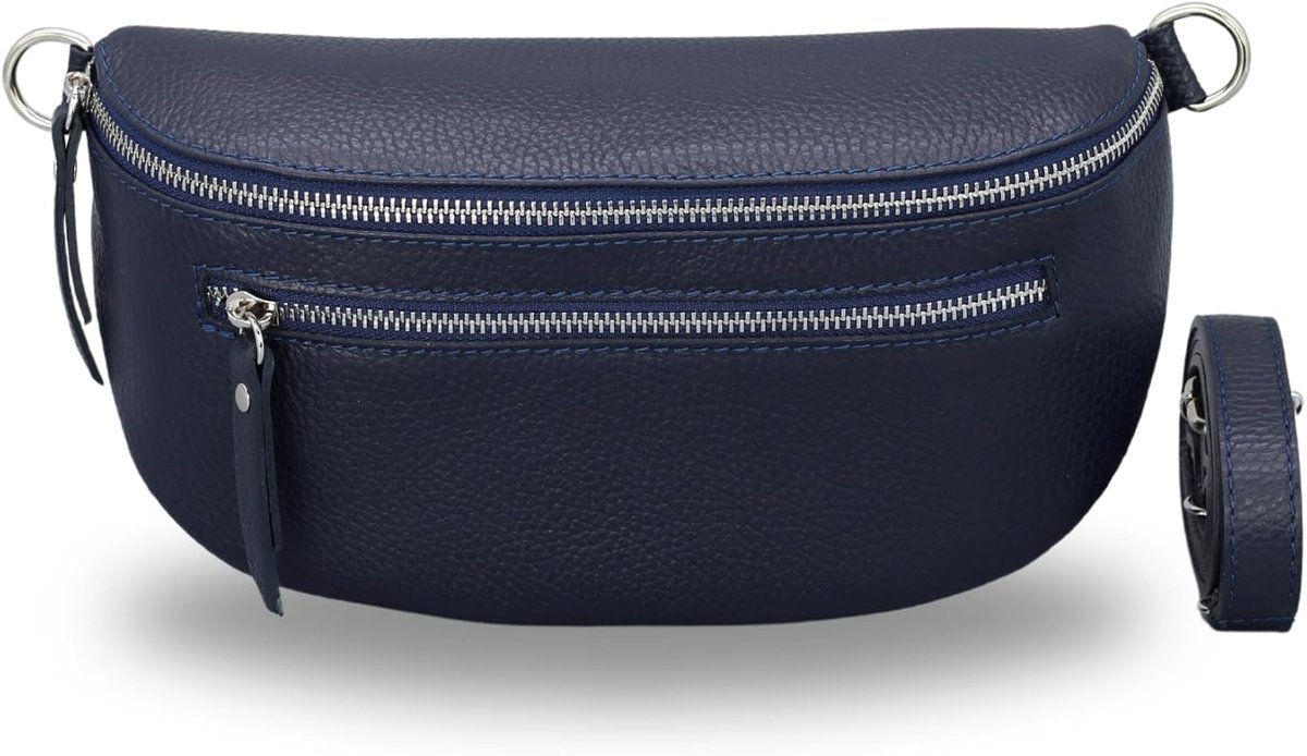 BELCHOME Lucia heuptas voor dames, handgemaakte schoudertas en crossbodytas van echt leer met leren riem en brede schouderband met patroon, 3 vakken, stijlvol, gemaakt in Italië, Donkerblauw