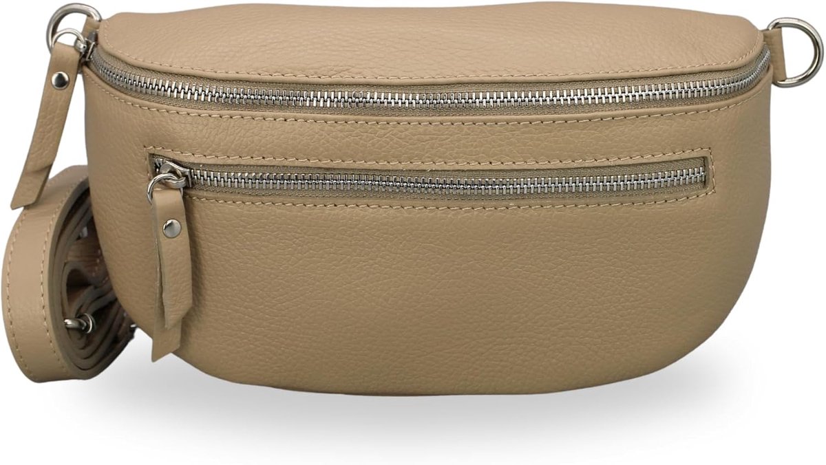 BELCHOME Lucia heuptas voor dames, handgemaakte schoudertas en crossbodytas van echt leer met leren riem en brede schouderband met patroon, 3 vakken, stijlvol, gemaakt in Italië, Taupe