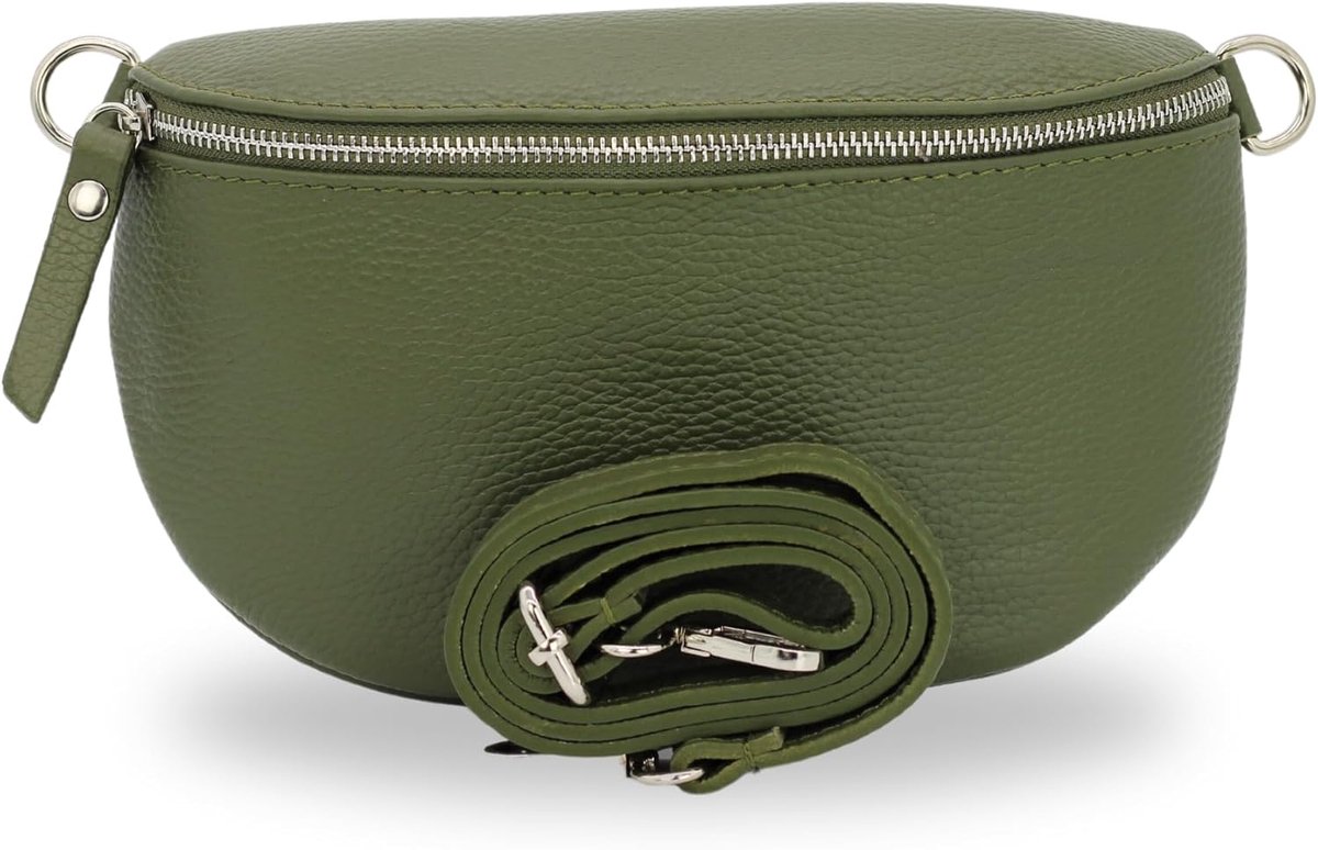 BELCHOME Sahel heuptas voor dames, handgemaakte schoudertas en crossbodytas van echt leer met brede leren riem en extra schouderband met patroon, stijlvolle heuptas met twee ritssluitingen, gemaakt in Italië, Khaki