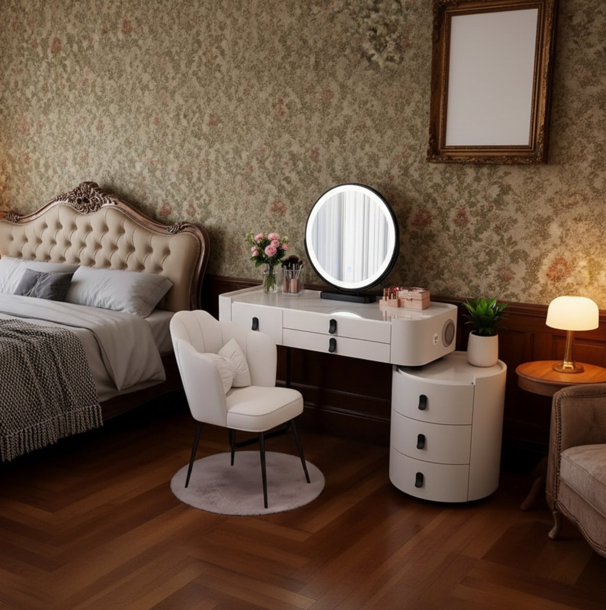 Make-uptafel met Spiegel en LED Verlichting 100x40x76 cm – Luxe Kaptafel met Laden, Draadloos Opladen, Bluetooth Luidspreker en Kruk – Modern Wit & Zwart – Altameubel