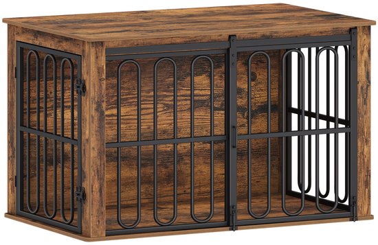 Cage pour chien - Niche - Bench de transport - Meuble cage - Cage en bois avec table d'appoint - Double Portes et porte coulissante - Pour Chiens de petite et moyenne taille 60 x 100 x 62,4 cm