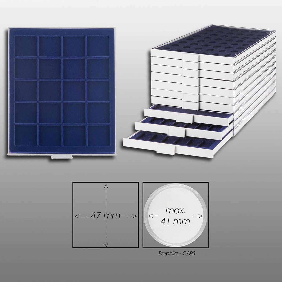 Stapelbare Muntcassette Grijs met Blauw Inlegvel - Ruimte voor 20 Munten tot 47 mm