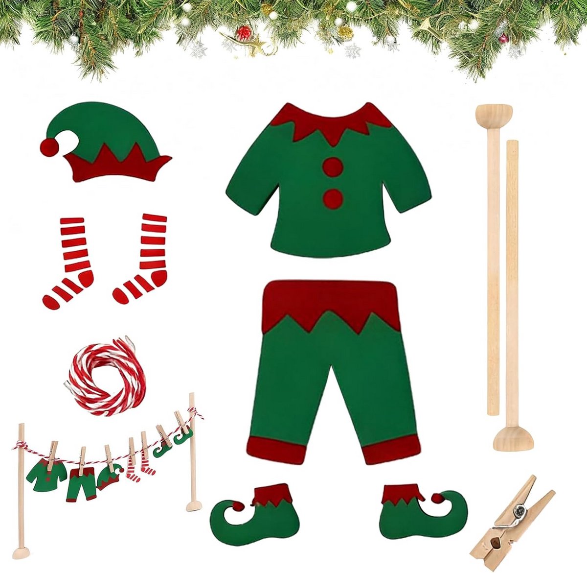 Miniatuur Elfen Wasklijn Set: 17-delige Houten Kerstdecoratie voor Poppenhuis en Kerstdorp