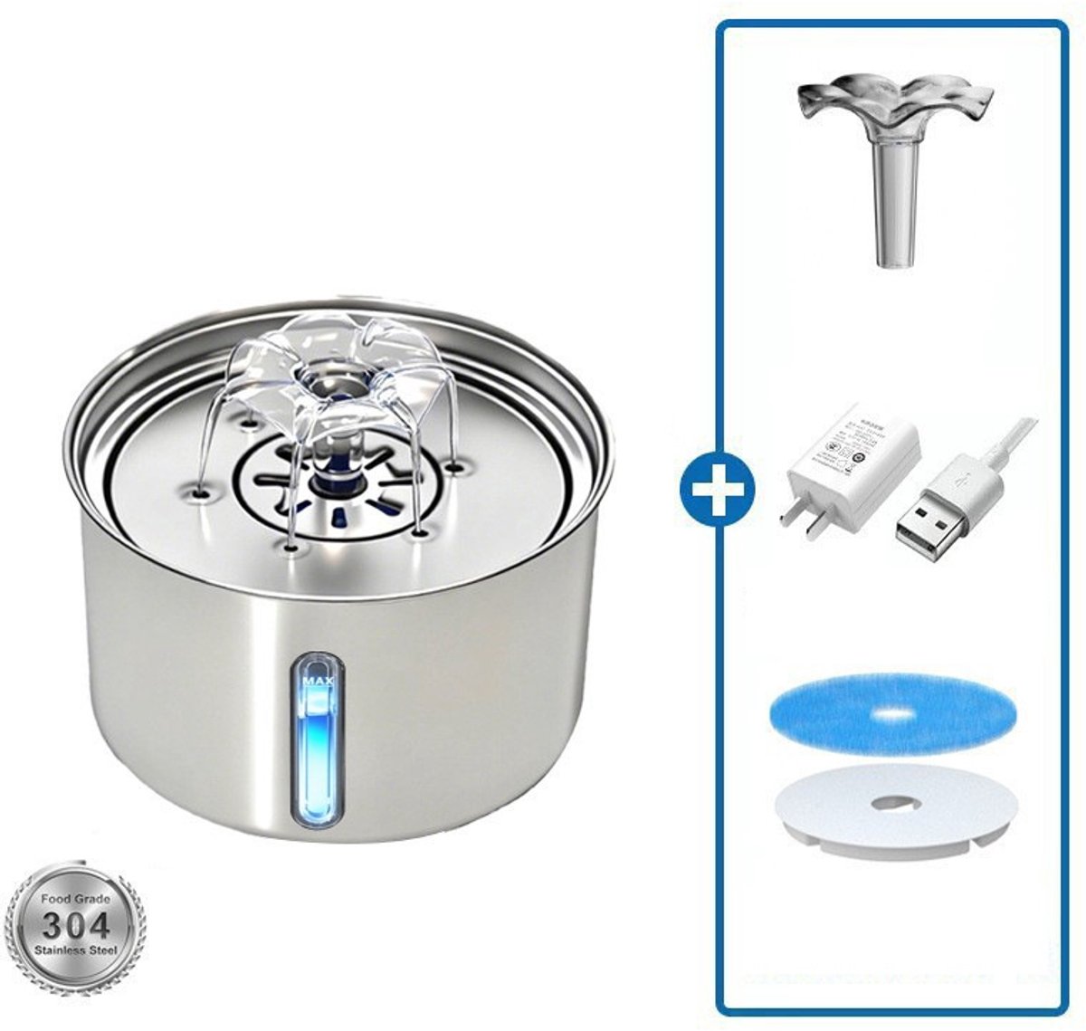 kattenwaterfontein - RVS - Kattendrinkfontein - Waterdispenser - Waterfontein - Stil - 5-traps filtratie - 3 liter - Zilver