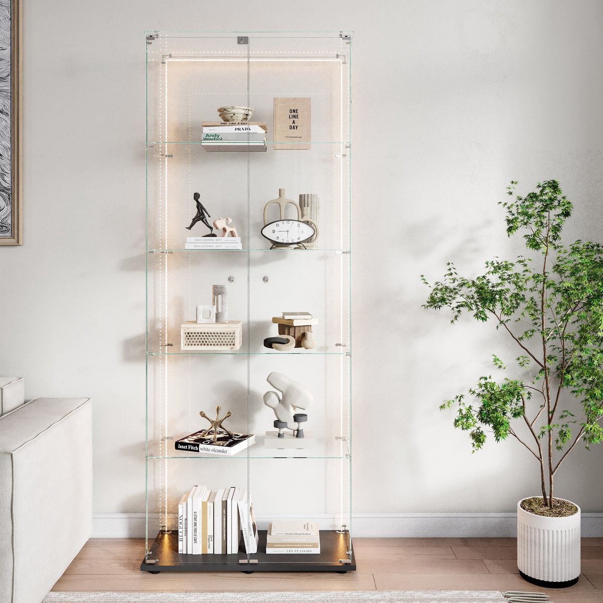 LED-vitrinekast van glas, 78x34x186 cm, 5-laags vitrinekast met dubbele deuren, moderne vi