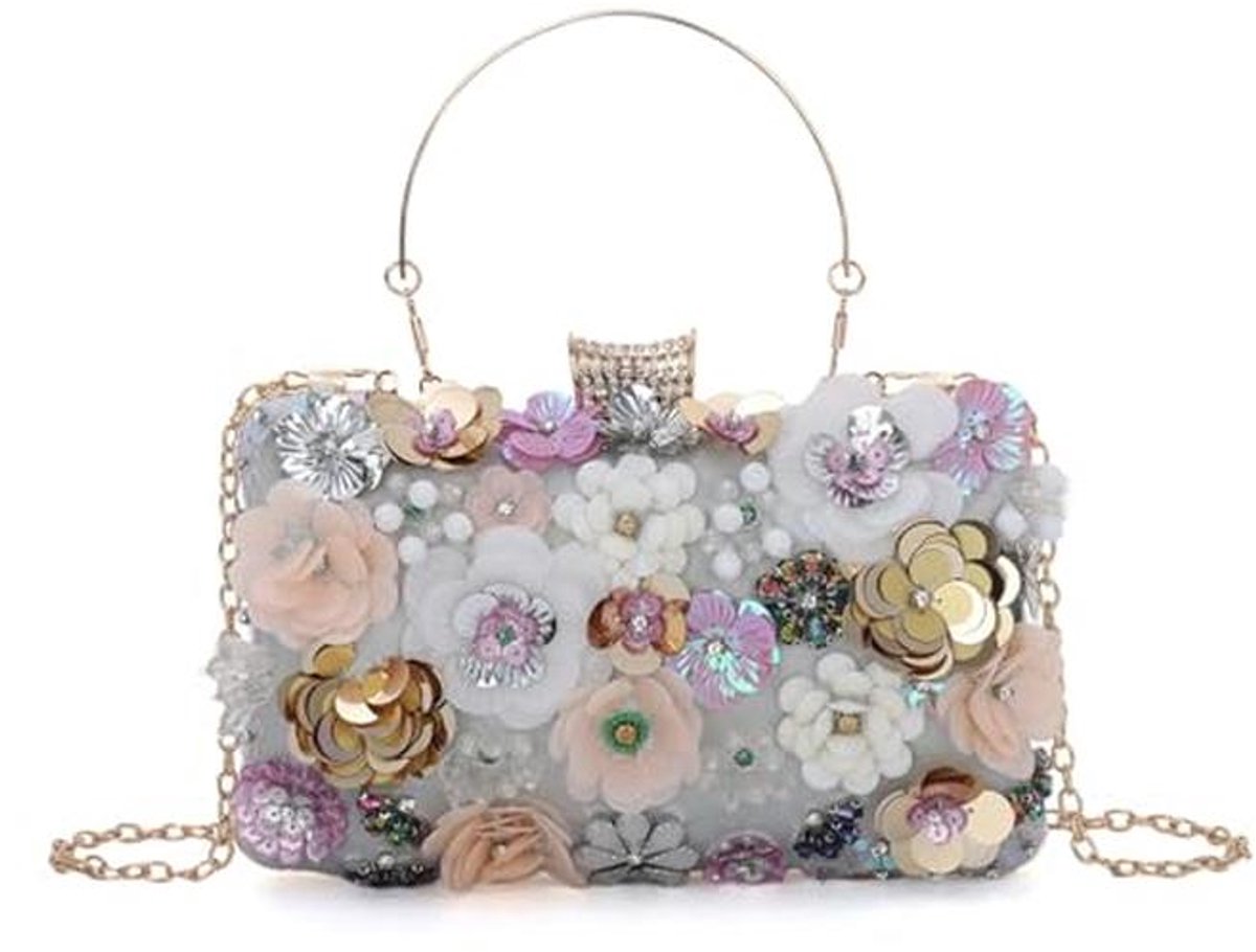 Kleurrijke Bloemen Avond Handtas met Strass - Ideaal voor Bruiloft en Feestjes
