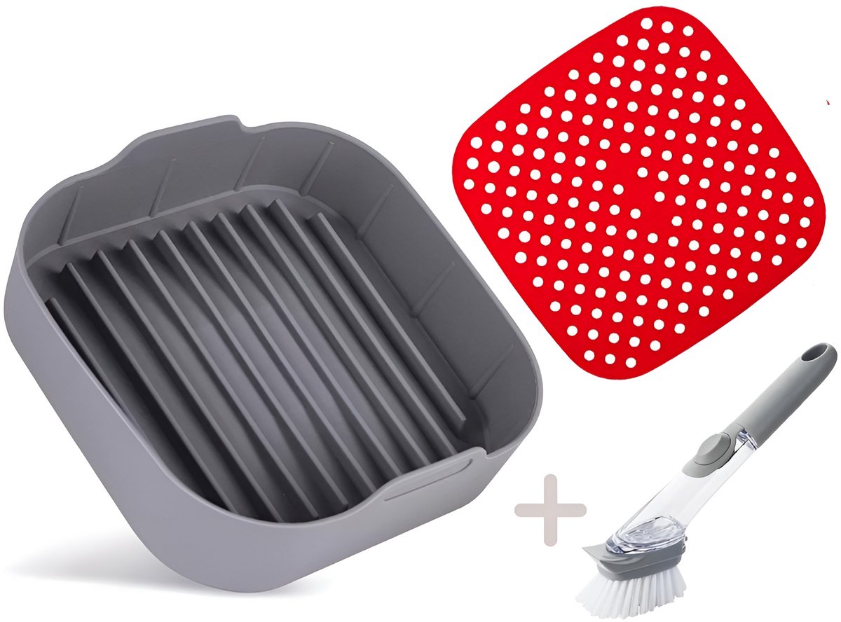 Qualty Airfryer Bakje - Airfryer Accessoires - Siliconen Airfryer Mand - Bakpapier Alternatief - Accessoires Airfryer XXL - Airfryer Bakje Siliconen - Airfryer Mat - Bakvorm - Mandje - Airfryer Siliconen Bakje - 20.5CM - Tijdelijk Inclusief Borstel