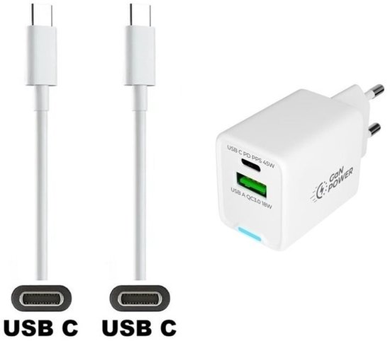 OneOne 45W super snellader met 2 poorten. Oplader met sterke 1,5m USB C naar C kabel. PD lader adapter past op Universeel Sigma, TwoNavHammerhead, Doro, Evolveo, Denver, Fysic, Bryton, iGPSPORT, iFi Audio, iBasso