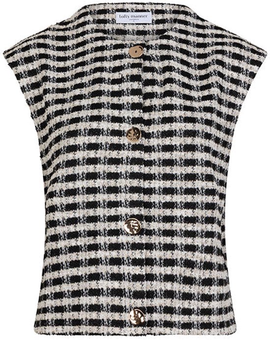 Gilet en tweed à carreaux noirs et blancs, manches courtes, boutons dorés et col rond. Logo Lofty Manner visible.