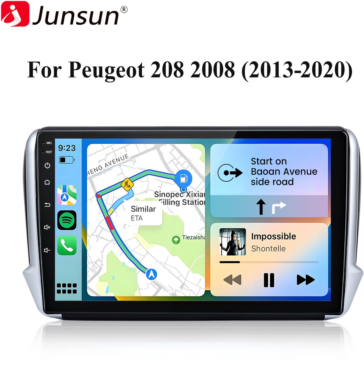 JUNSUN 10" Autoradio Draadloze Android Auto & Draadloze CarPlay Multimediasysteem Geschikt voor Peugeot 208 2008 (2013-2020) – Android 15 GPS Navi WIFI BT DAB+ SWC USB RDS 4GB+64GB 8-core Processor