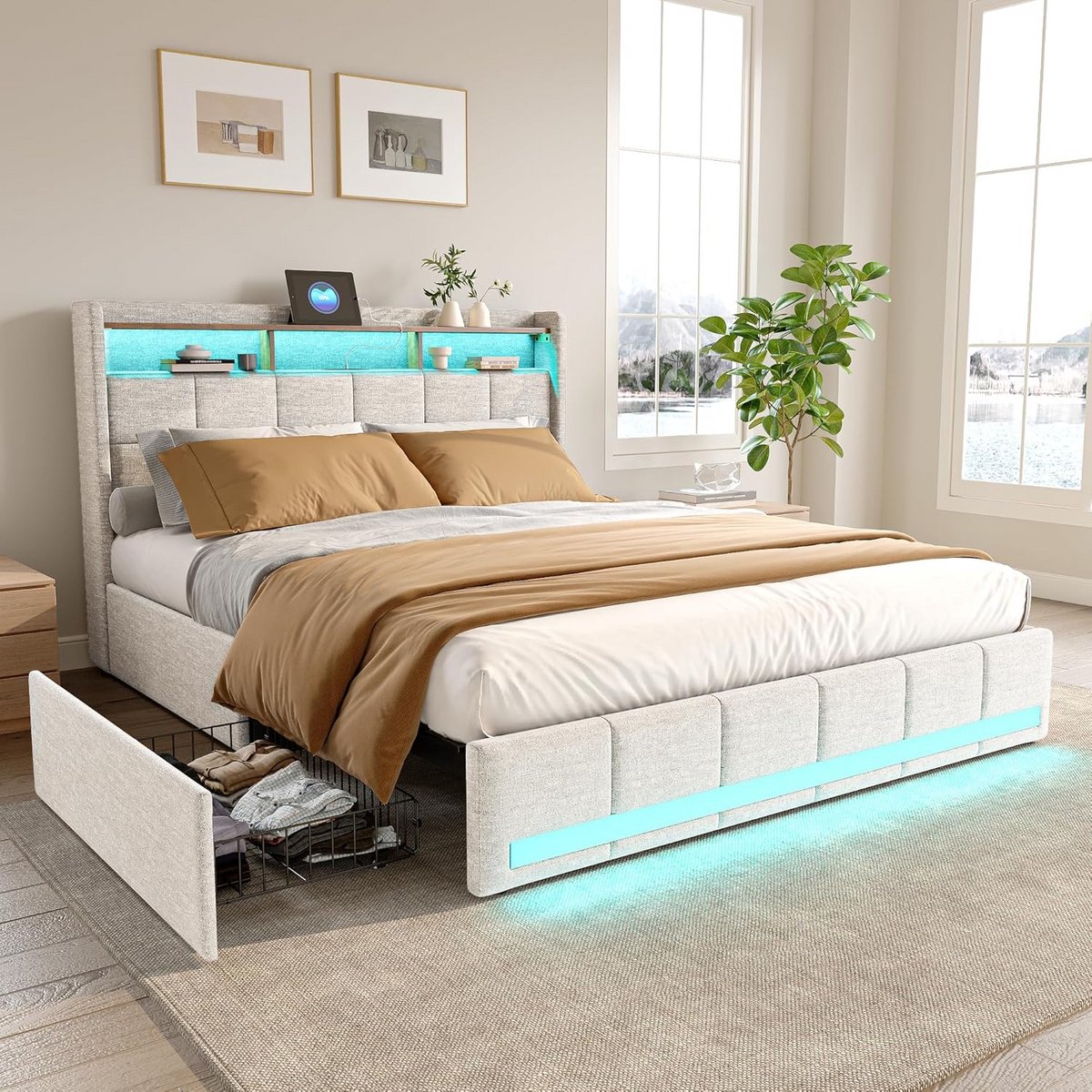 Tweepersoons ledikant 140 x 200 cm met opberglades en USB-aansluiting