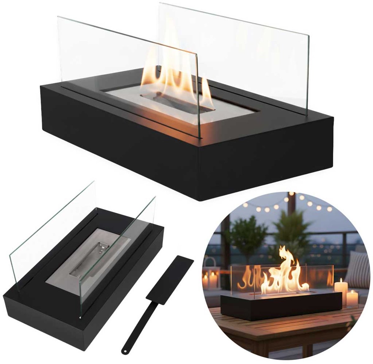 MOZY® - Tafelhaard - Zwart - Binnen & Buiten - met Accessoires - 35 x 18 x 15 cm - Sfeerhaard - Bio-ethanol - Verwarming - Kachel - Luchtverwarmer