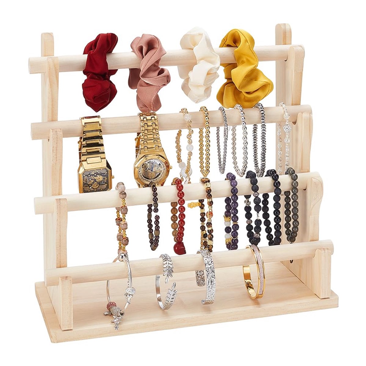 TRANKIELO® - Houten 4-laags Sieraden Display Stand - Rustiek Design voor Armbanden, Horloges en Kettingen
