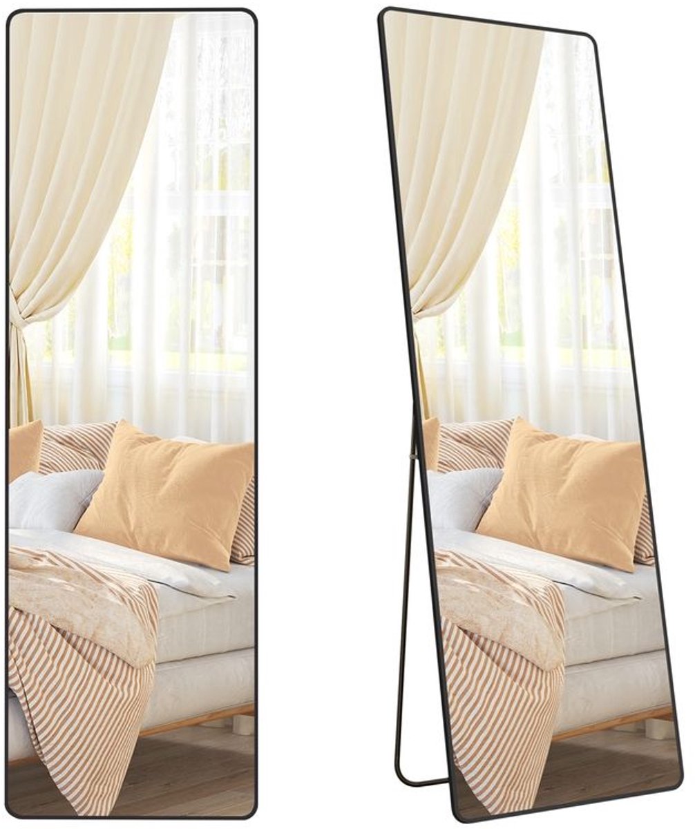 Songmics Spiegel Staand - Full Body Passpiegel met standaard - Aluminium Omlijsting – Veiligheidsglas – Zwart