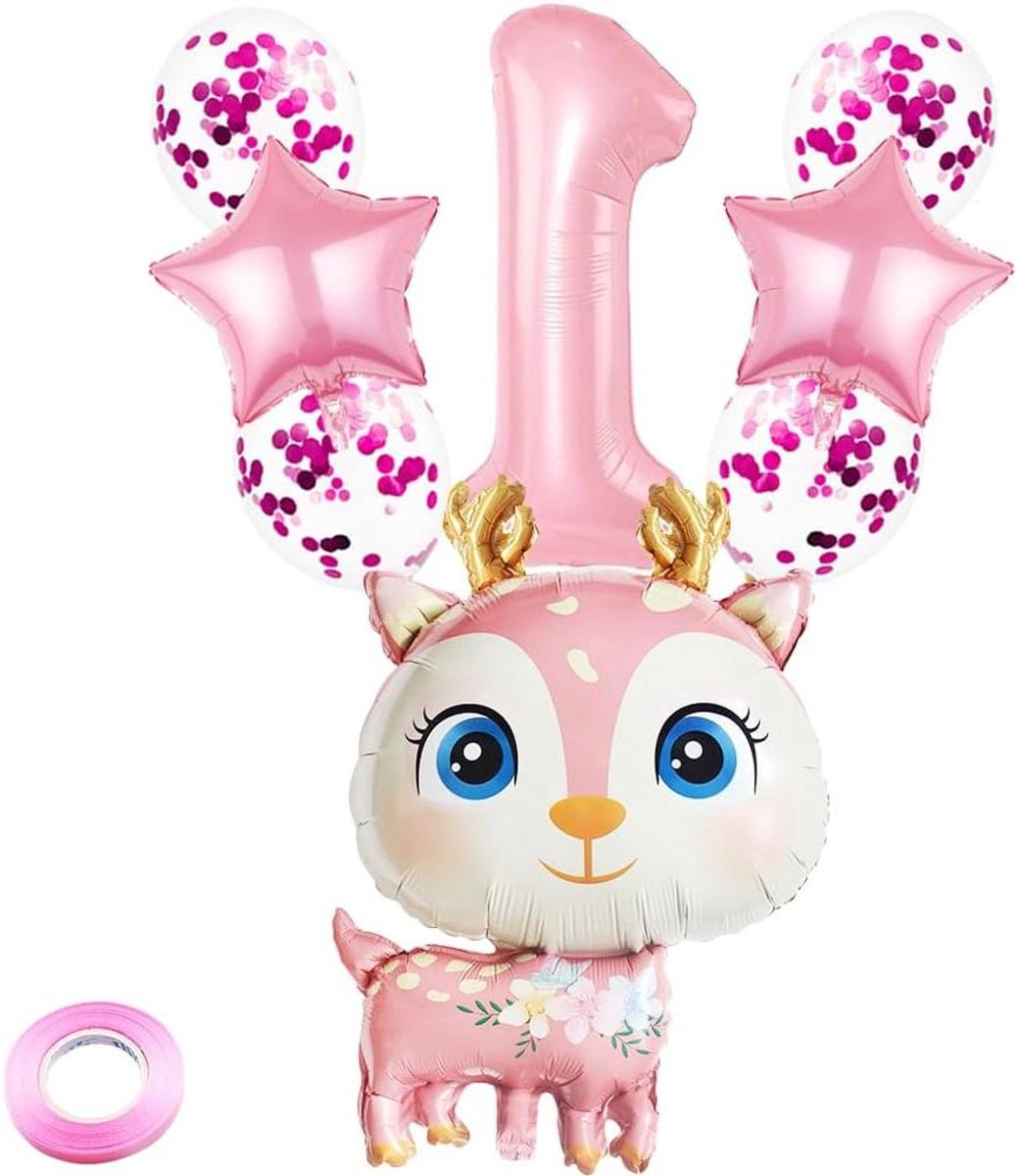 Ronte - Verjaardagsdecoratie met Eland Thema voor Meisjes - Rendier Ballonnen - Roze Cijfer 1 Ballon - Herten Folieballon - 1e Verjaardag Decoratie